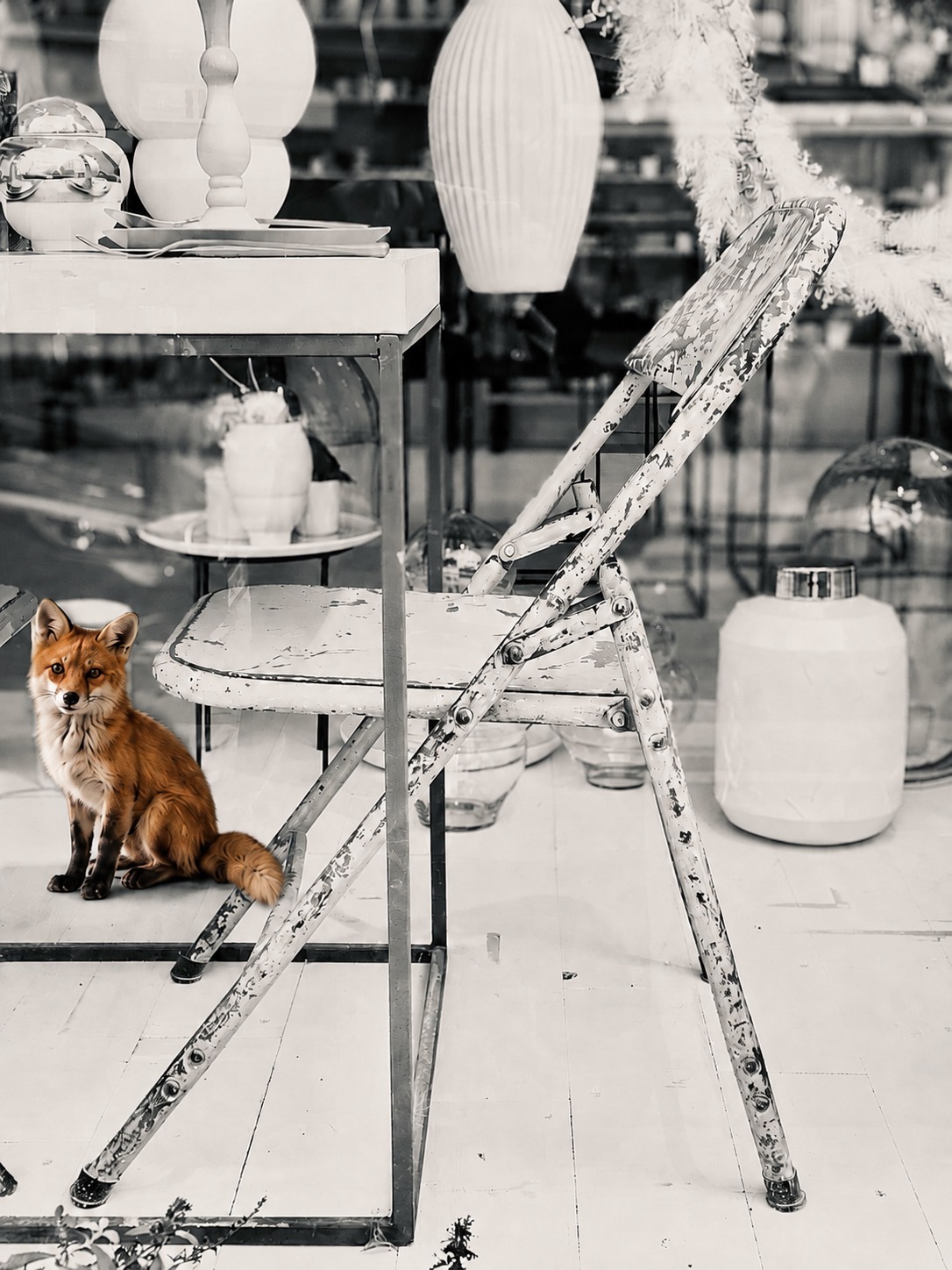 Schwarzweißfotografie mit altem Klappstuhl und farbigem Fuchs
